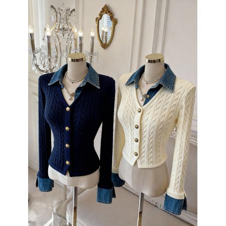 FA48757# 翻领假两件毛衣针织衫女秋冬高级感学院风内搭短上衣 服裝批發女裝批發服飾貨源