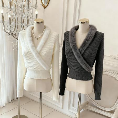 FA48759# 韩国东大门小众设计感V领针织衫女毛领冬季新款韩版 服裝批發女裝批發服飾貨源