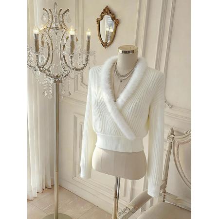 FA48759# 韩国东大门小众设计感V领针织衫女毛领冬季新款韩版 服裝批發女裝批發服飾貨源