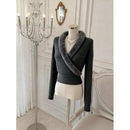 FA48759# 韩国东大门小众设计感V领针织衫女毛领冬季新款韩版 服裝批發女裝批發服飾貨源