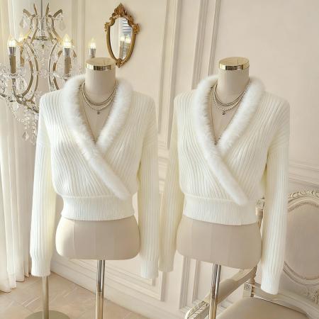 FA48759# 韩国东大门小众设计感V领针织衫女毛领冬季新款韩版 服裝批發女裝批發服飾貨源