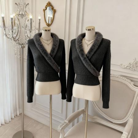 FA48759# 韩国东大门小众设计感V领针织衫女毛领冬季新款韩版 服裝批發女裝批發服飾貨源