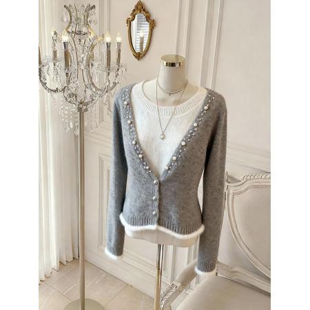 FA48760# 韩系假两件灰色羊绒针织上衣软糯慵懒风马海毛毛衣女 服裝批發女裝批發服飾貨源