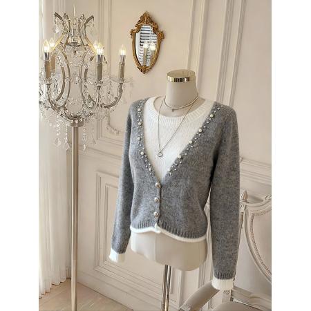 FA48760# 韩系假两件灰色羊绒针织上衣软糯慵懒风马海毛毛衣女 服裝批發女裝批發服飾貨源