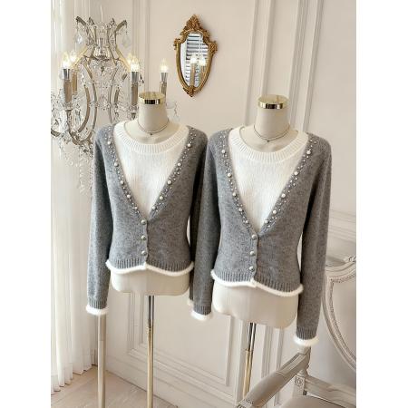 FA48760# 韩系假两件灰色羊绒针织上衣软糯慵懒风马海毛毛衣女 服裝批發女裝批發服飾貨源