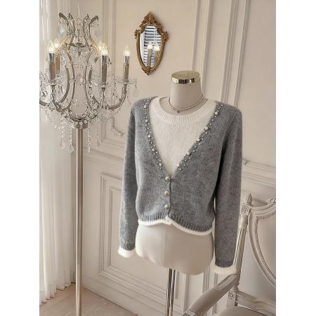 FA48760# 韩系假两件灰色羊绒针织上衣软糯慵懒风马海毛毛衣女 服裝批發女裝批發服飾貨源