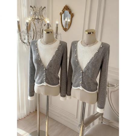 FA48760# 韩系假两件灰色羊绒针织上衣软糯慵懒风马海毛毛衣女 服裝批發女裝批發服飾貨源