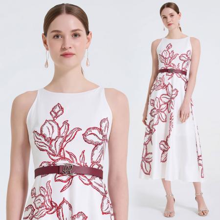 FA48762# 高级感立体印花圆领高腰A字裙精致腰扣显瘦气质大摆裙 服裝批發女裝批發服飾貨源