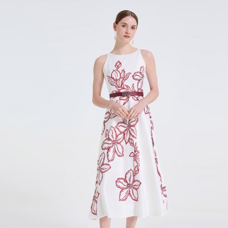 高级感立体印花圆领高腰A字裙精致腰扣显瘦气质大摆裙 服裝批發女裝批發服飾貨源