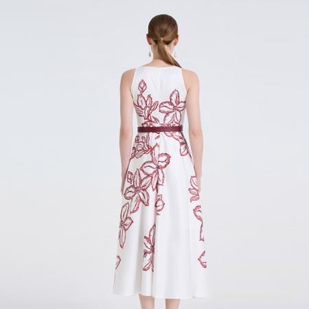 高级感立体印花圆领高腰A字裙精致腰扣显瘦气质大摆裙 服裝批發女裝批發服飾貨源