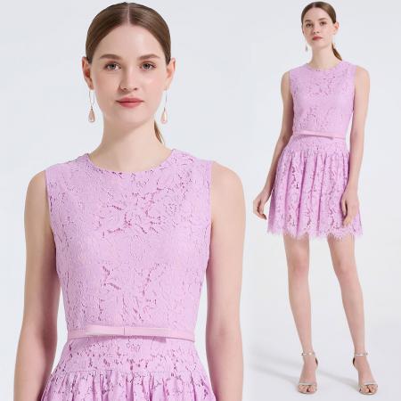 FA48763# 高档全蕾丝立体花型修身短款百褶裙优雅气质礼服裙 服裝批發女裝批發服飾貨源