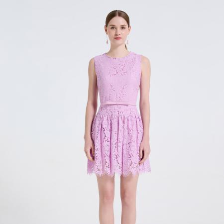 高档全蕾丝立体花型修身短款百褶裙优雅气质礼服裙 服裝批發女裝批發服飾貨源