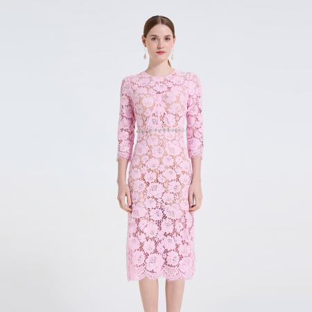 FA48764# 新款蕾丝立体胸垫鱼骨钻饰连衣裙圆领中袖修身包臀裙 服裝批發女裝批發服飾貨源