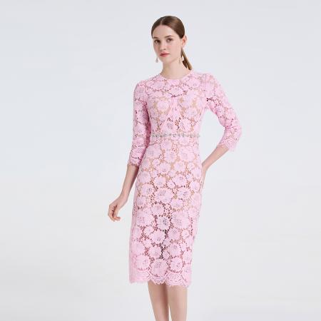 FA48764# 新款蕾丝立体胸垫鱼骨钻饰连衣裙圆领中袖修身包臀裙 服裝批發女裝批發服飾貨源