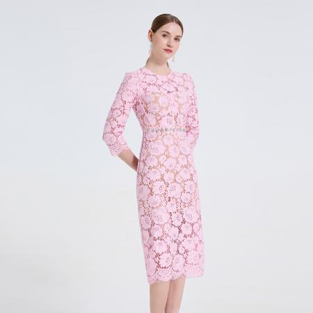 FA48764# 新款蕾丝立体胸垫鱼骨钻饰连衣裙圆领中袖修身包臀裙 服裝批發女裝批發服飾貨源