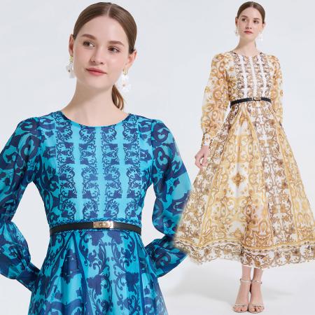 FA48765# 宫廷定位印花圆领高腰修身连衣裙百褶大摆长袖亮丝纱裙 服裝批發女裝批發服飾貨源