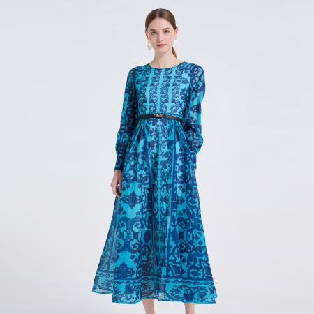 FA48765# 宫廷定位印花圆领高腰修身连衣裙百褶大摆长袖亮丝纱裙 服裝批發女裝批發服飾貨源