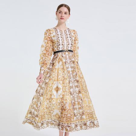 FA48765# 宫廷定位印花圆领高腰修身连衣裙百褶大摆长袖亮丝纱裙 服裝批發女裝批發服飾貨源