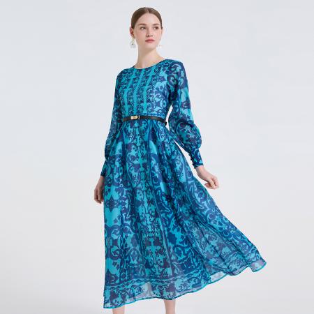 FA48765# 宫廷定位印花圆领高腰修身连衣裙百褶大摆长袖亮丝纱裙 服裝批發女裝批發服飾貨源