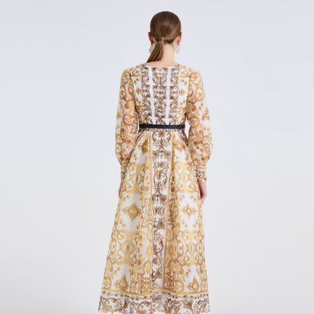 FA48765# 宫廷定位印花圆领高腰修身连衣裙百褶大摆长袖亮丝纱裙 服裝批發女裝批發服飾貨源