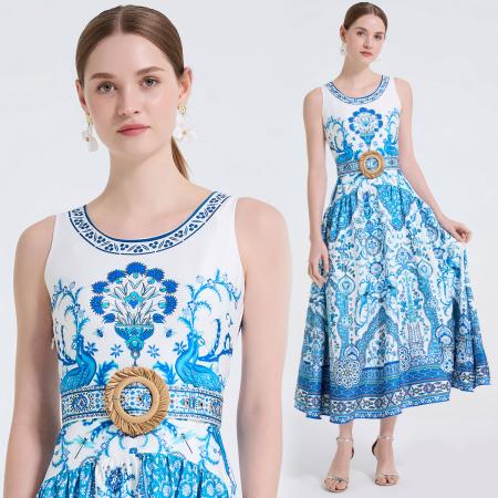 孔雀花卉时尚定位印花圆领收腰长裙藤编腰带装饰A摆裙 服裝批發女裝批發服飾貨源