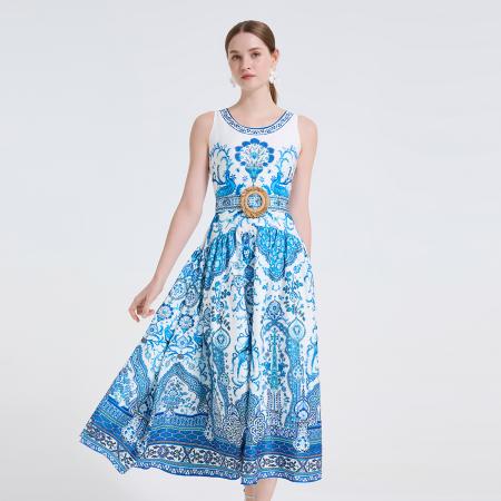 孔雀花卉时尚定位印花圆领收腰长裙藤编腰带装饰A摆裙 服裝批發女裝批發服飾貨源