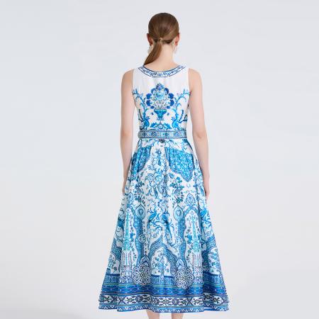 孔雀花卉时尚定位印花圆领收腰长裙藤编腰带装饰A摆裙 服裝批發女裝批發服飾貨源