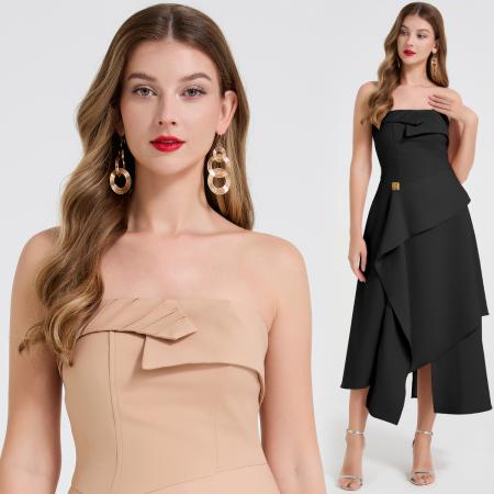 高级感不对称不规则层叠裙摆抹胸性感长裙轻礼服设计 服裝批發女裝批發服飾貨源