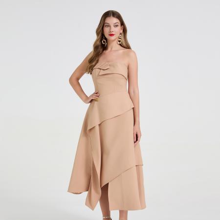 高级感不对称不规则层叠裙摆抹胸性感长裙轻礼服设计 服裝批發女裝批發服飾貨源