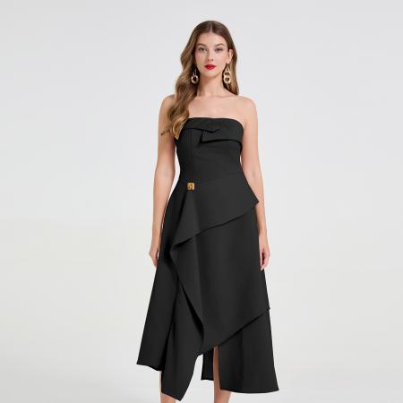 高级感不对称不规则层叠裙摆抹胸性感长裙轻礼服设计 服裝批發女裝批發服飾貨源