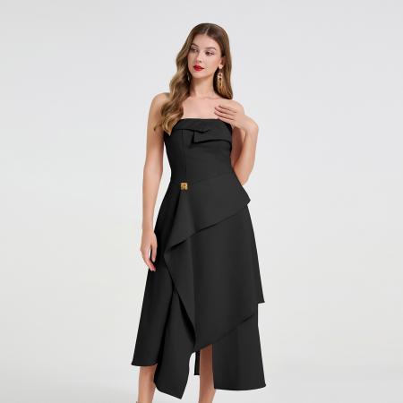 高级感不对称不规则层叠裙摆抹胸性感长裙轻礼服设计 服裝批發女裝批發服飾貨源