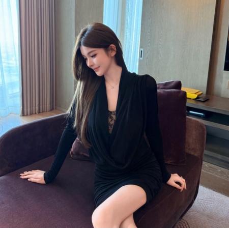 FAY千金派对垂坠荡领直角肩收腰捏褶胸前蕾丝包臀气质连衣裙 服裝批發女裝批發服飾貨源