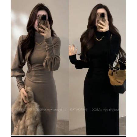 FA48770# 大婷婷冬季新款半高领灯笼袖连衣裙修身复古设计感气质 服裝批發女裝批發服飾貨源