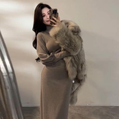 FA48770# 大婷婷冬季新款半高领灯笼袖连衣裙修身复古设计感气质 服裝批發女裝批發服飾貨源