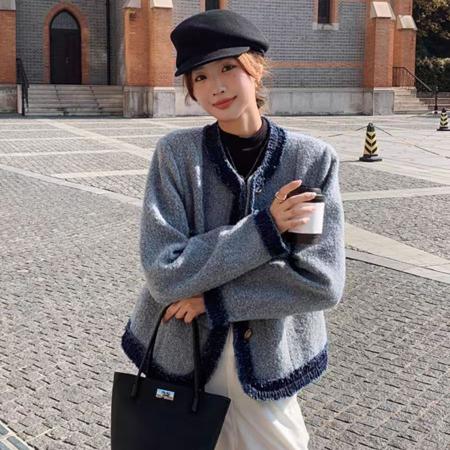 FA48772# 内里充绒加厚拼接蓝色小香风法式短外套秋冬新款气质高级感上衣 服裝批發女裝批發服飾貨源