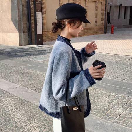 FA48772# 内里充绒加厚拼接蓝色小香风法式短外套秋冬新款气质高级感上衣 服裝批發女裝批發服飾貨源