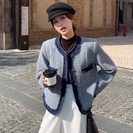 FA48772# 内里充绒加厚拼接蓝色小香风法式短外套秋冬新款气质高级感上衣 服裝批發女裝批發服飾貨源