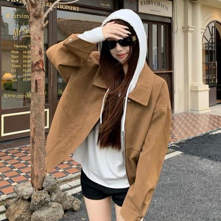 FA48773# 美拉德复古仿麂皮绒长袖外套女秋季新款宽松翻领休闲机车夹克 服裝批發女裝批發服飾貨源