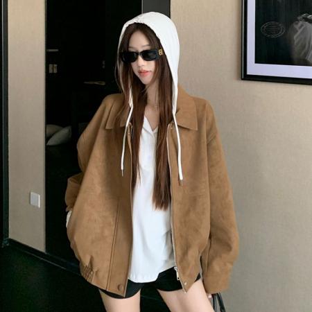 FA48773# 美拉德复古仿麂皮绒长袖外套女秋季新款宽松翻领休闲机车夹克 服裝批發女裝批發服飾貨源