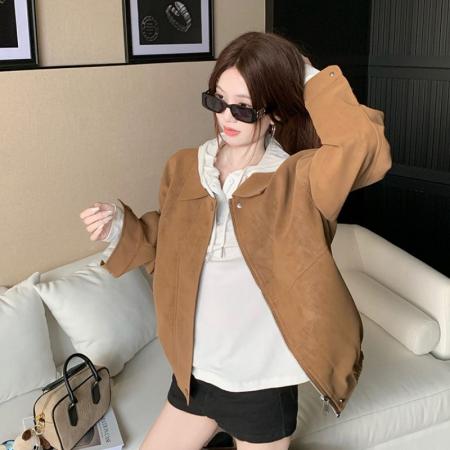 FA48773# 美拉德复古仿麂皮绒长袖外套女秋季新款宽松翻领休闲机车夹克 服裝批發女裝批發服飾貨源