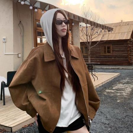 FA48773# 美拉德复古仿麂皮绒长袖外套女秋季新款宽松翻领休闲机车夹克 服裝批發女裝批發服飾貨源