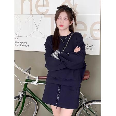 FA48774# 人棉面料+口袋+裤里一韩系氛围感卫衣穿搭设计感蓝色半身裙 服裝批發女裝批發服飾貨源