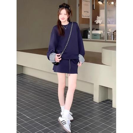 FA48774# 人棉面料+口袋+裤里一韩系氛围感卫衣穿搭设计感蓝色半身裙 服裝批發女裝批發服飾貨源