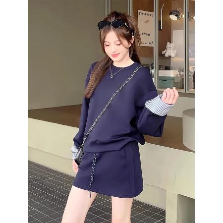 FA48774# 人棉面料+口袋+裤里一韩系氛围感卫衣穿搭设计感蓝色半身裙 服裝批發女裝批發服飾貨源