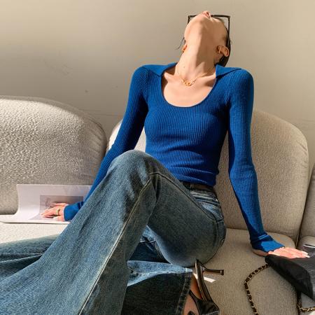 FA48781# 蓝色圆领长袖针织衫女早秋新款修身显瘦打底内搭上衣 服裝批發女裝批發服飾貨源