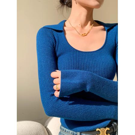 FA48781# 蓝色圆领长袖针织衫女早秋新款修身显瘦打底内搭上衣 服裝批發女裝批發服飾貨源
