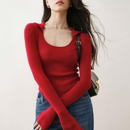 FA48781# 蓝色圆领长袖针织衫女早秋新款修身显瘦打底内搭上衣 服裝批發女裝批發服飾貨源