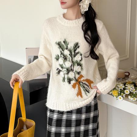 FA48782# 韩系设计感立体花朵圆领针织衫女秋冬高级感手工勾花毛衣女 服裝批發女裝批發服飾貨源