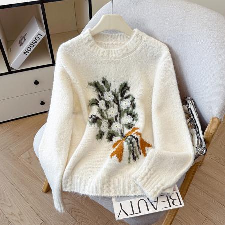 FA48782# 韩系设计感立体花朵圆领针织衫女秋冬高级感手工勾花毛衣女 服裝批發女裝批發服飾貨源