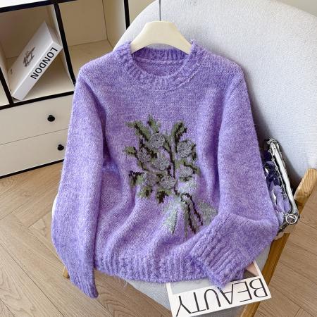 FA48782# 韩系设计感立体花朵圆领针织衫女秋冬高级感手工勾花毛衣女 服裝批發女裝批發服飾貨源